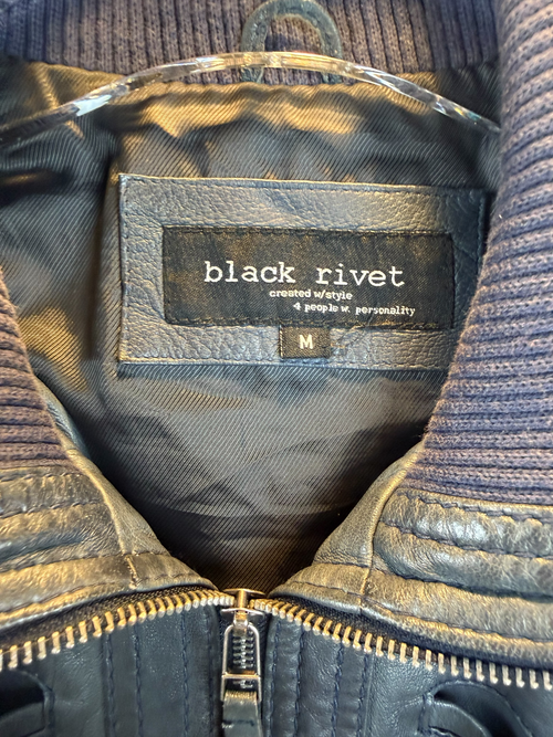 Black Rivet Ribbed Collar Leather Jacket